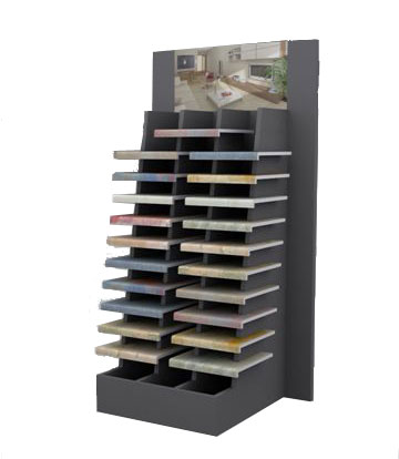 Expositor fabricado en melamina grafito para 10+10+1 piezas, trasera y fotograf&iacute;a ambiente